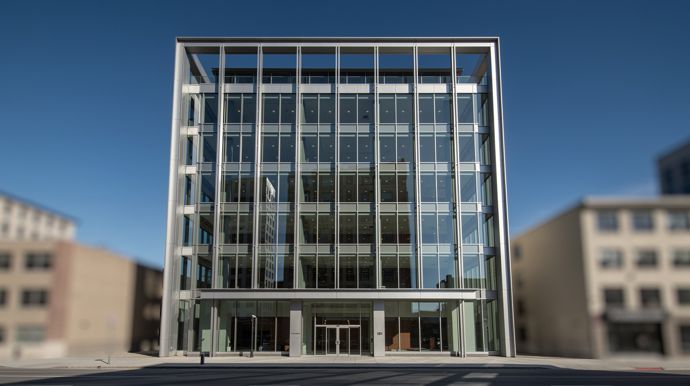 Modern glass office building exterior under a clear sky