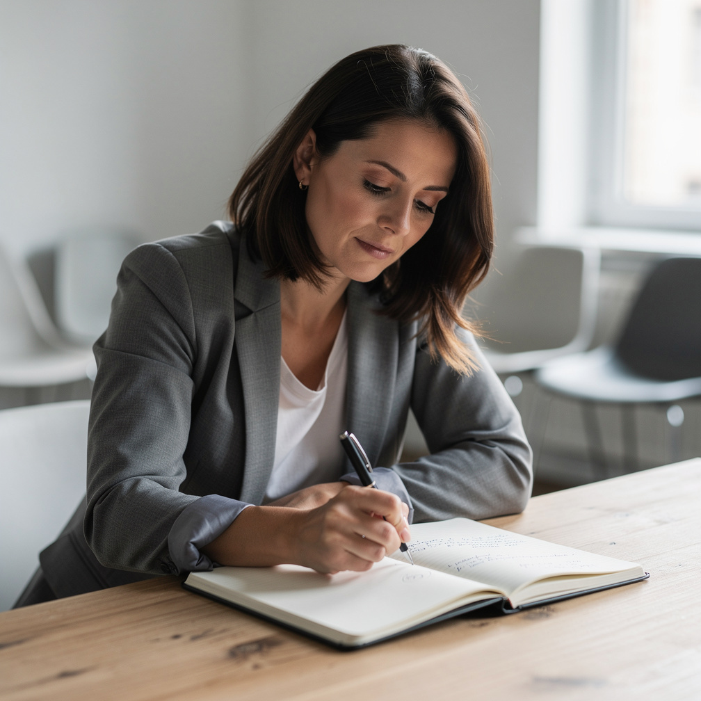 Woman taking notes during a workshop session at a table